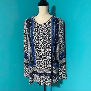 LOFT M Blue White Print Popover Semi Sheer Long Sleeve Blouse Top